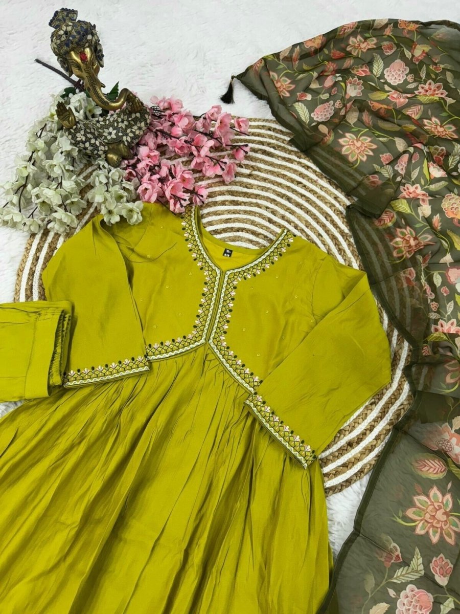 Chanderi Jacquard Zari Work Suit with Net Dupatta – Flared anarkali gown - 001FASHIONFORWARD
