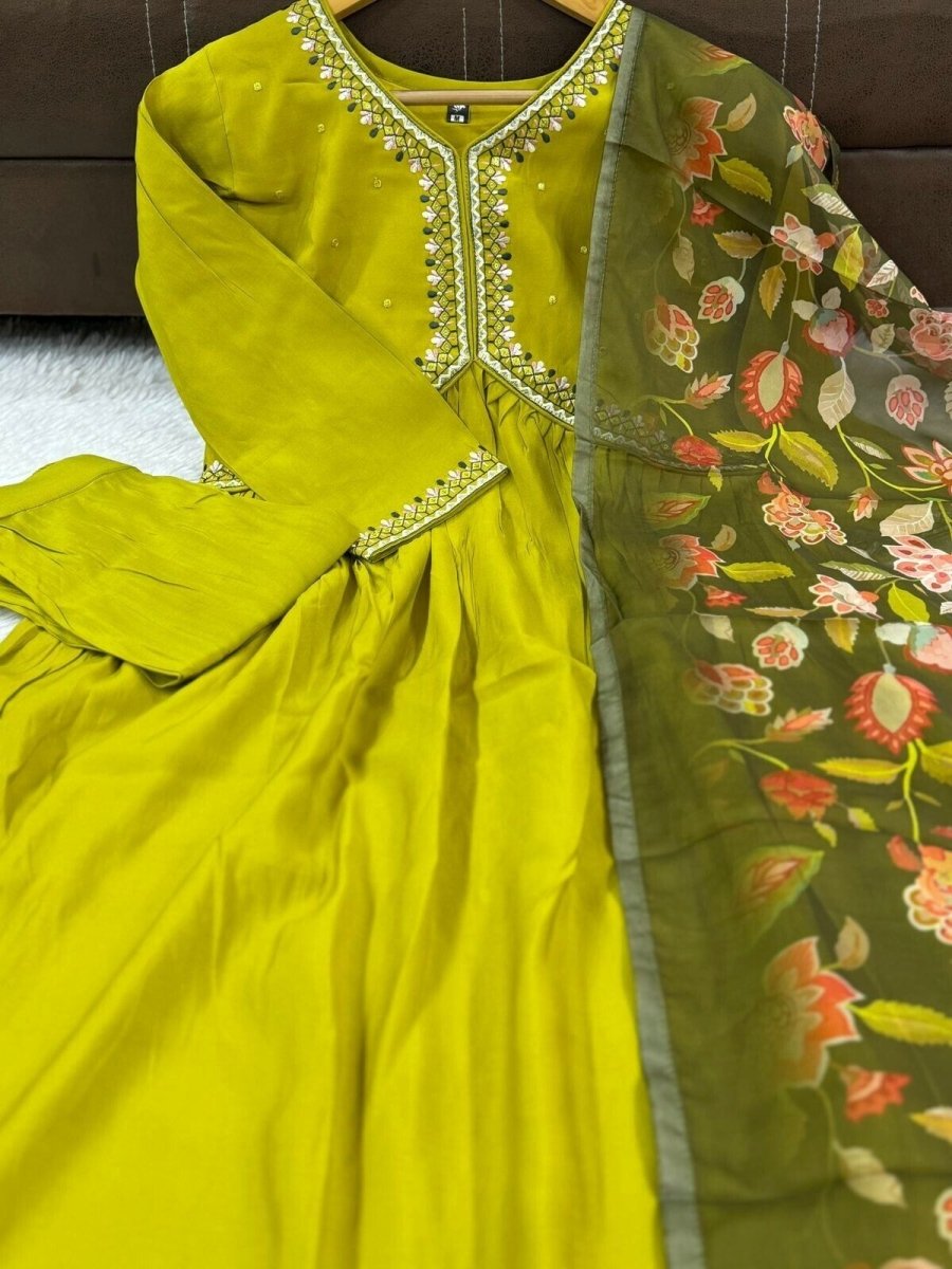 Chanderi Jacquard Zari Work Suit with Net Dupatta – Flared anarkali gown - 001FASHIONFORWARD