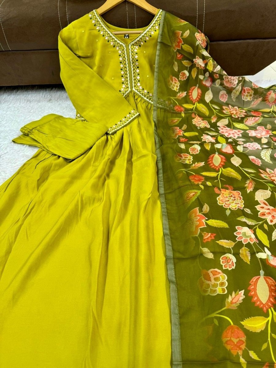 Chanderi Jacquard Zari Work Suit with Net Dupatta – Flared anarkali gown - 001FASHIONFORWARD