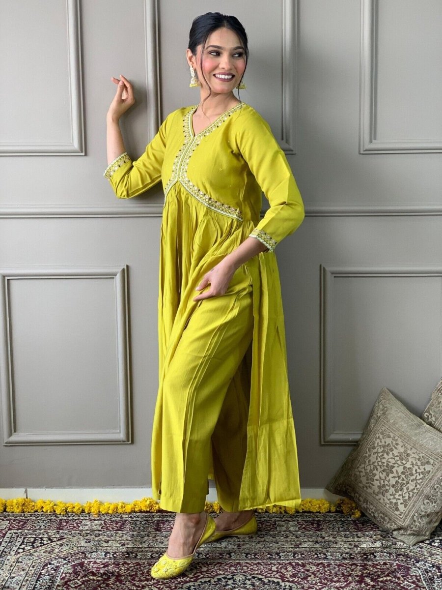 Chanderi Jacquard Zari Work Suit with Net Dupatta – Flared anarkali gown - 001FASHIONFORWARD