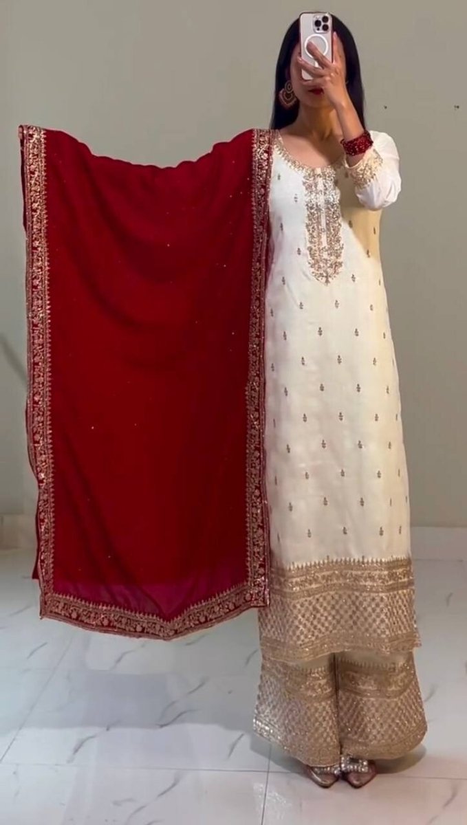 Chinnon Silk Embroidered Salwar Kameez Set – Ready‑to‑Wear Party & Wedding Wear - 001FASHIONFORWARD