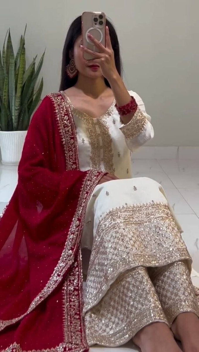 Chinnon Silk Embroidered Salwar Kameez Set – Ready‑to‑Wear Party & Wedding Wear - 001FASHIONFORWARD