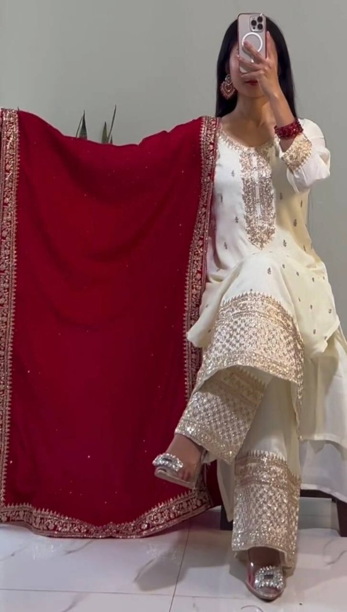 Chinnon Silk Embroidered Salwar Kameez Set – Ready‑to‑Wear Party & Wedding Wear - 001FASHIONFORWARD