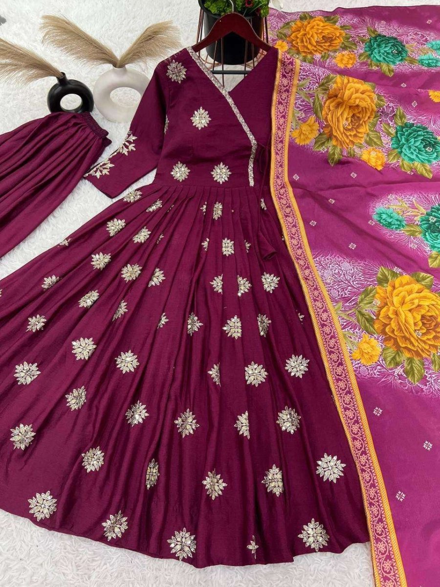 Chinnon Silk Flared Anarkali Gown pant Dupatta Indian Dress designer Stitched - 001FASHIONFORWARD