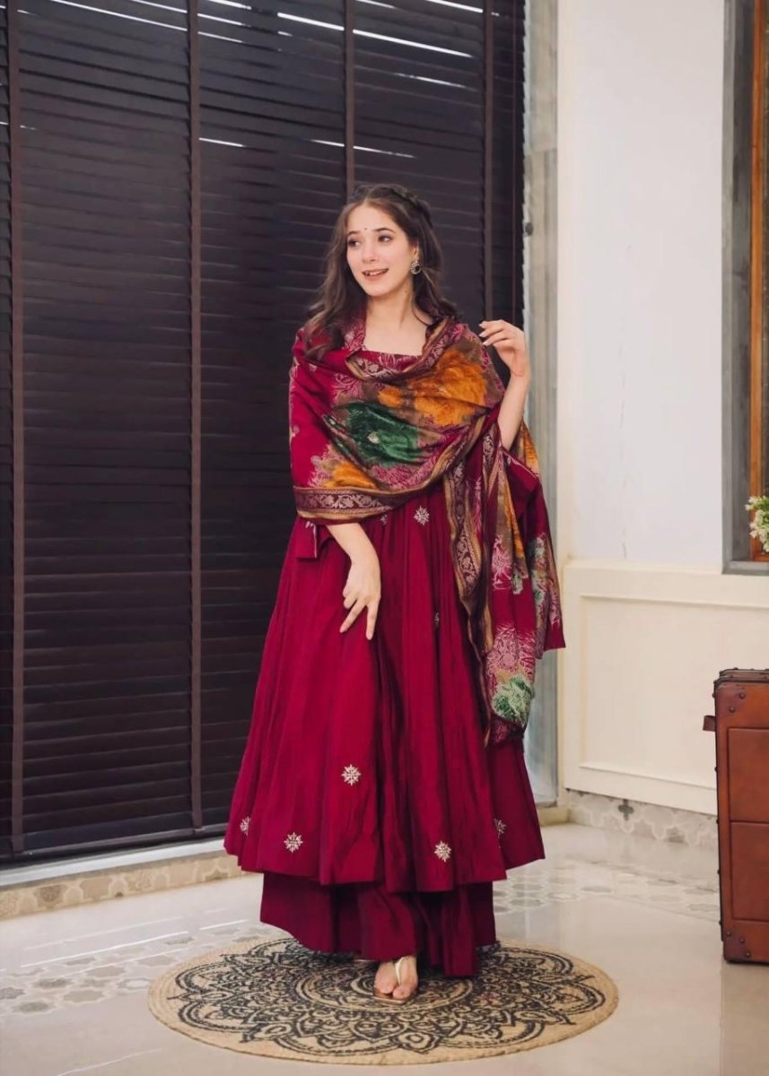 Chinnon Silk Flared Anarkali Gown pant Dupatta Indian Dress designer Stitched - 001FASHIONFORWARD