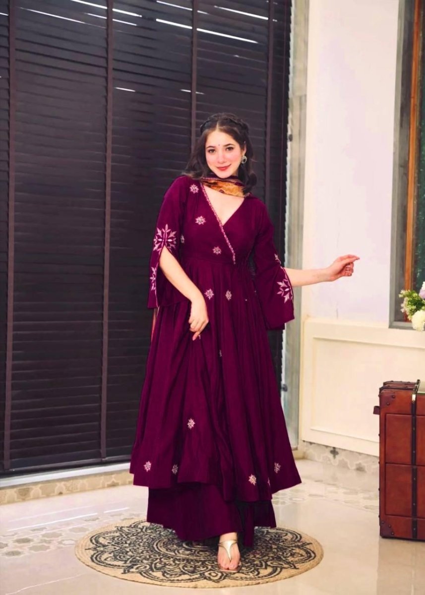 Chinnon Silk Flared Anarkali Gown pant Dupatta Indian Dress designer Stitched - 001FASHIONFORWARD