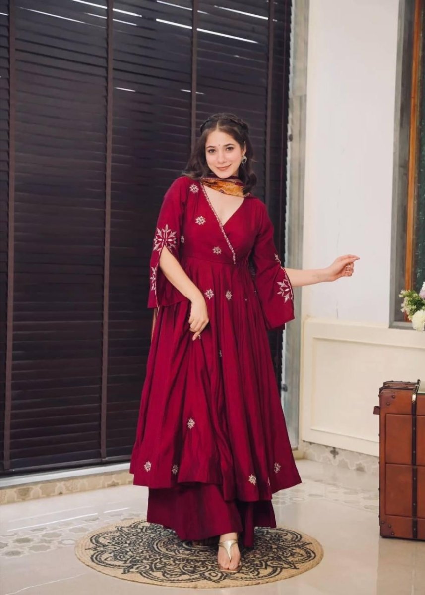 Chinnon Silk Flared Anarkali Gown pant Dupatta Indian Dress designer Stitched - 001FASHIONFORWARD