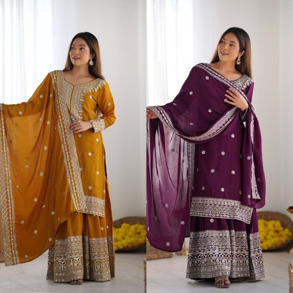 Chinnon Silk Punjabi Sharara Palazzo Salwar Kameez Set with Lace Border Dupatta - 001FASHIONFORWARD