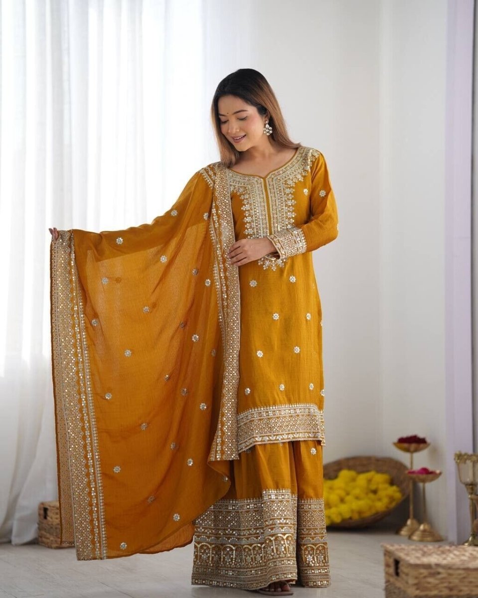Chinnon Silk Punjabi Sharara Palazzo Salwar Kameez Set with Lace Border Dupatta - 001FASHIONFORWARD