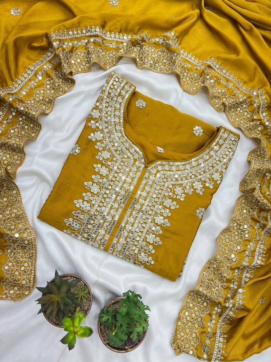 Chinnon Silk Punjabi Sharara Palazzo Salwar Kameez Set with Lace Border Dupatta - 001FASHIONFORWARD