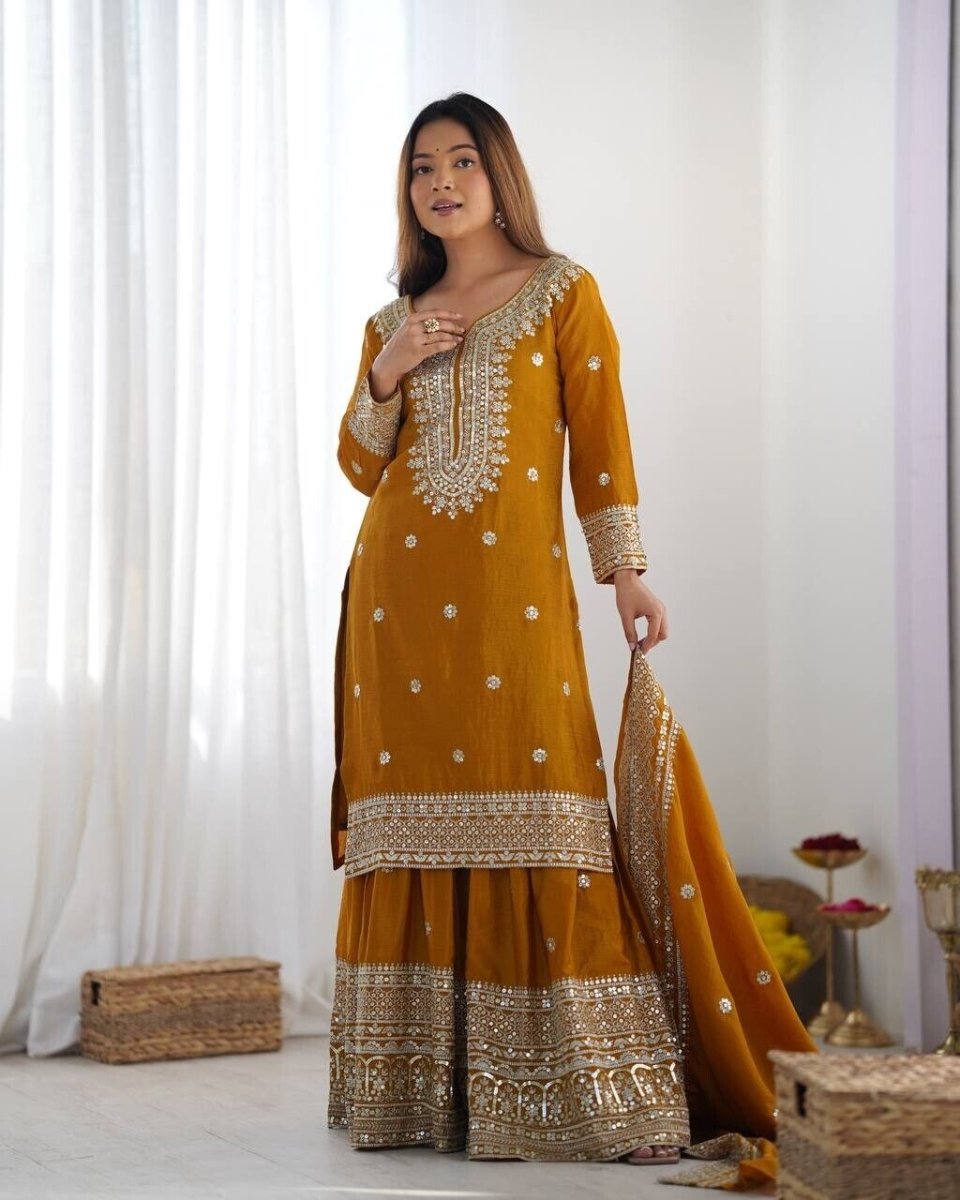 Chinnon Silk Punjabi Sharara Palazzo Salwar Kameez Set with Lace Border Dupatta - 001FASHIONFORWARD