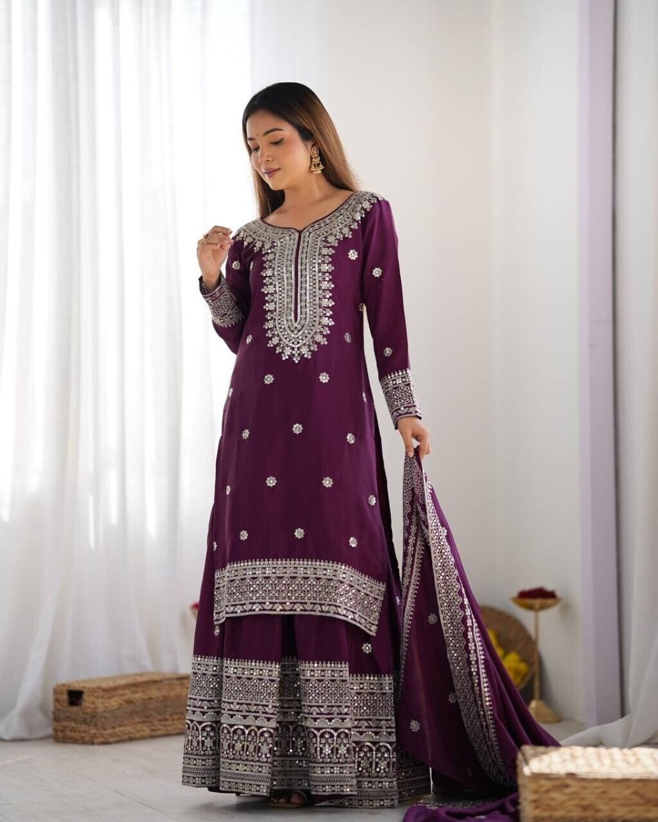 Chinnon Silk Punjabi Sharara Palazzo Salwar Kameez Set with Lace Border Dupatta - 001FASHIONFORWARD