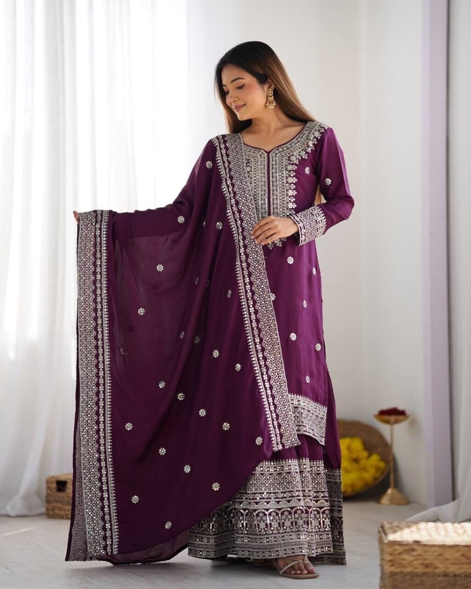 Chinnon Silk Punjabi Sharara Palazzo Salwar Kameez Set with Lace Border Dupatta - 001FASHIONFORWARD