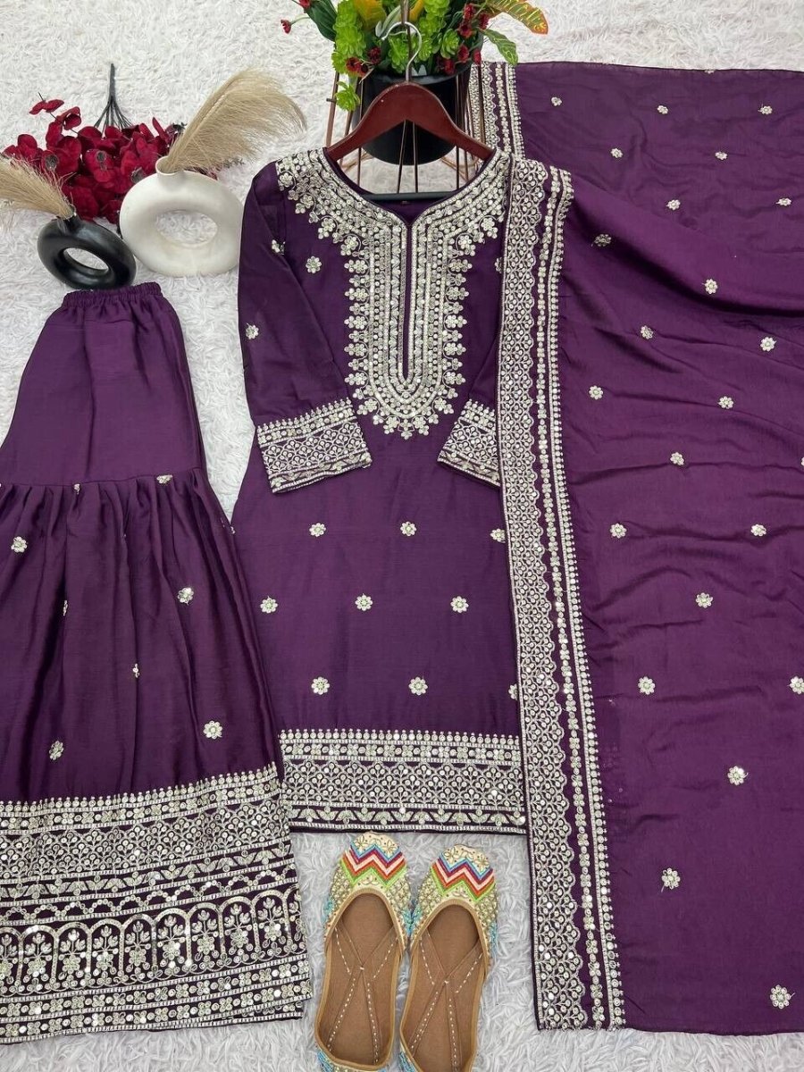 Chinnon Silk Punjabi Sharara Palazzo Salwar Kameez Set with Lace Border Dupatta - 001FASHIONFORWARD