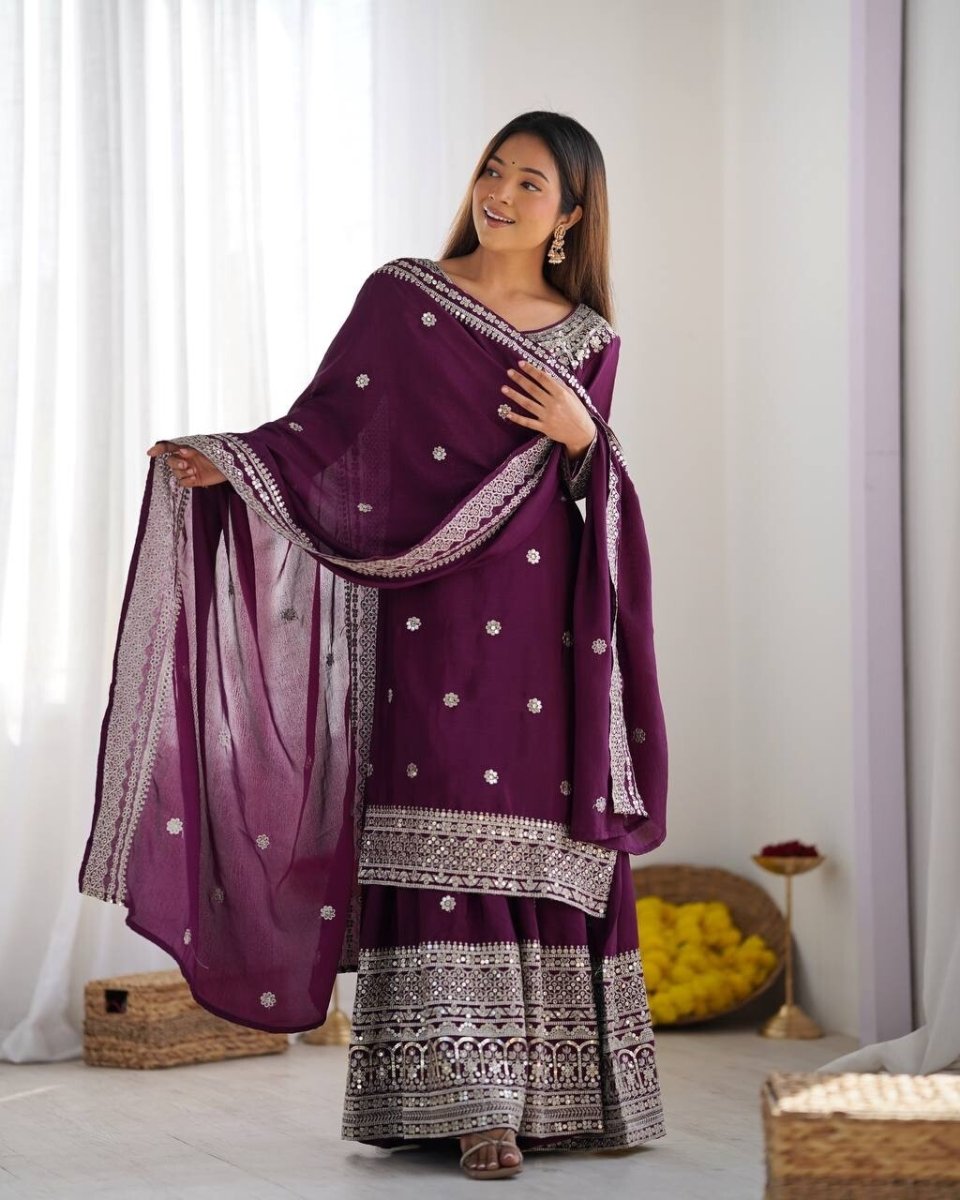 Chinnon Silk Punjabi Sharara Palazzo Salwar Kameez Set with Lace Border Dupatta - 001FASHIONFORWARD