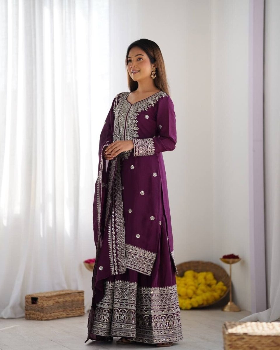 Chinnon Silk Punjabi Sharara Palazzo Salwar Kameez Set with Lace Border Dupatta - 001FASHIONFORWARD
