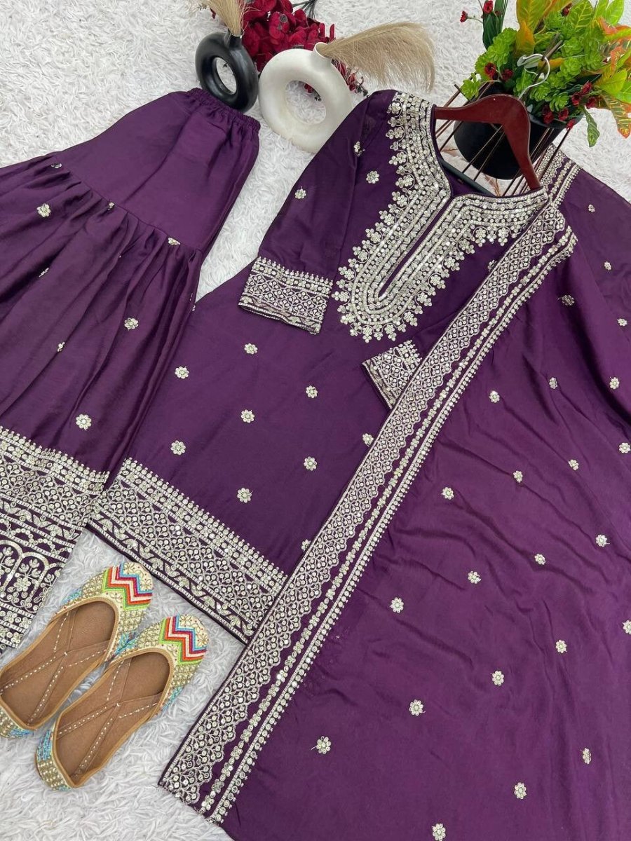 Chinnon Silk Punjabi Sharara Palazzo Salwar Kameez Set with Lace Border Dupatta - 001FASHIONFORWARD