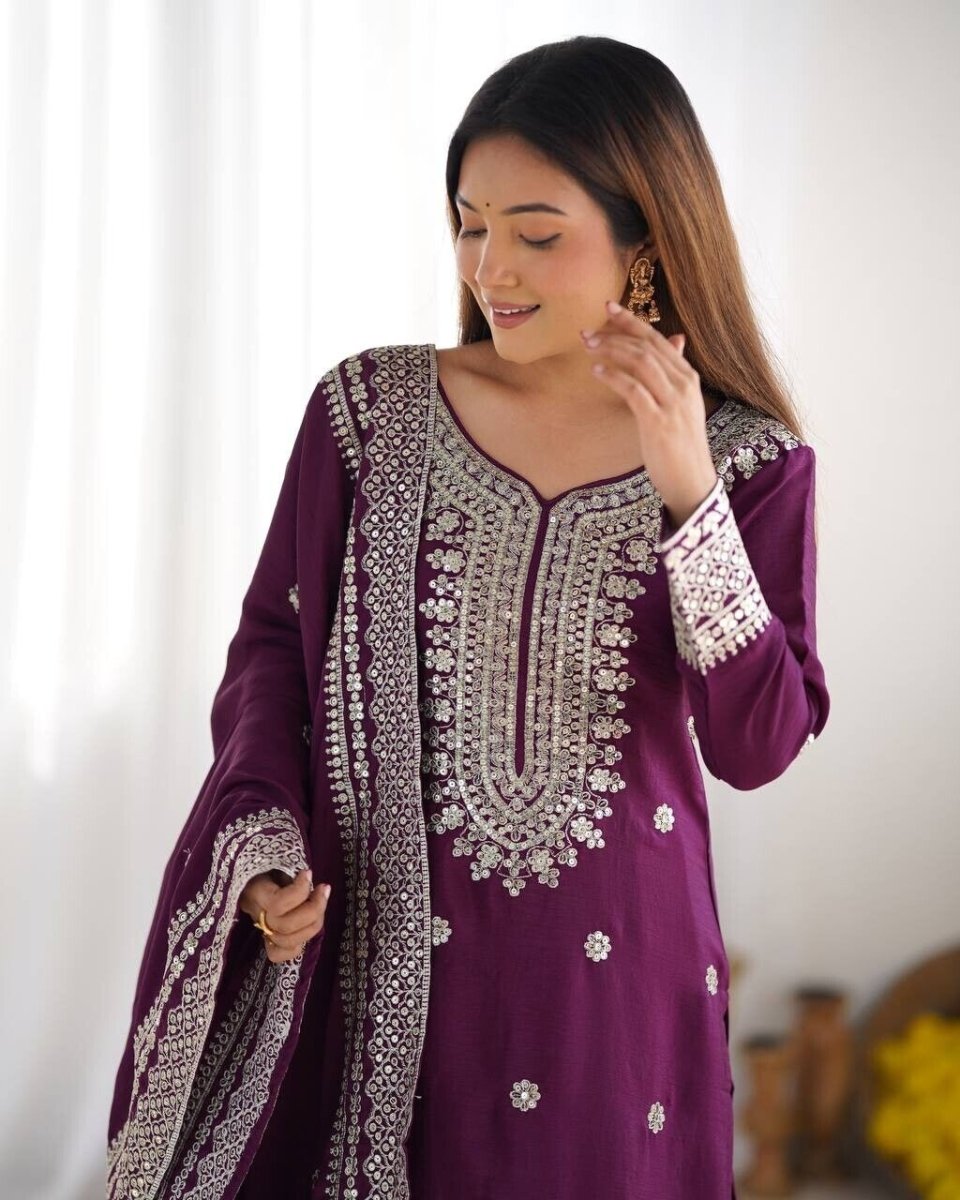 Chinnon Silk Punjabi Sharara Palazzo Salwar Kameez Set with Lace Border Dupatta - 001FASHIONFORWARD