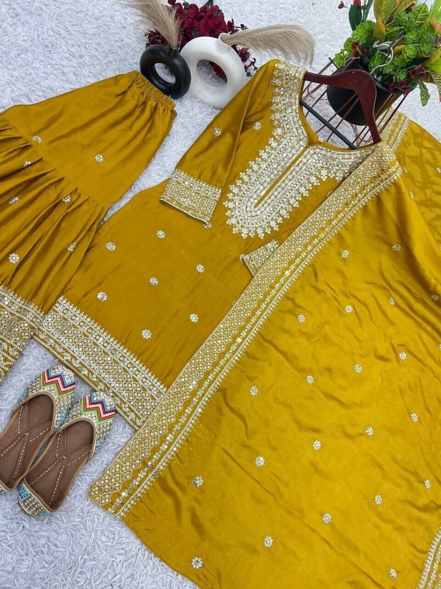 Chinnon Silk Punjabi Sharara Palazzo Salwar Kameez Set with Lace Border Dupatta - 001FASHIONFORWARD