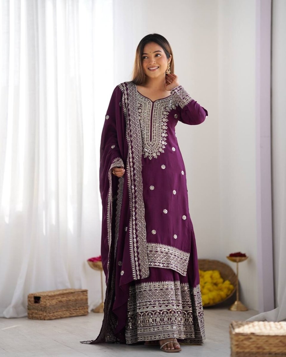 Chinnon Silk Punjabi Sharara Palazzo Salwar Kameez Set with Lace Border Dupatta - 001FASHIONFORWARD