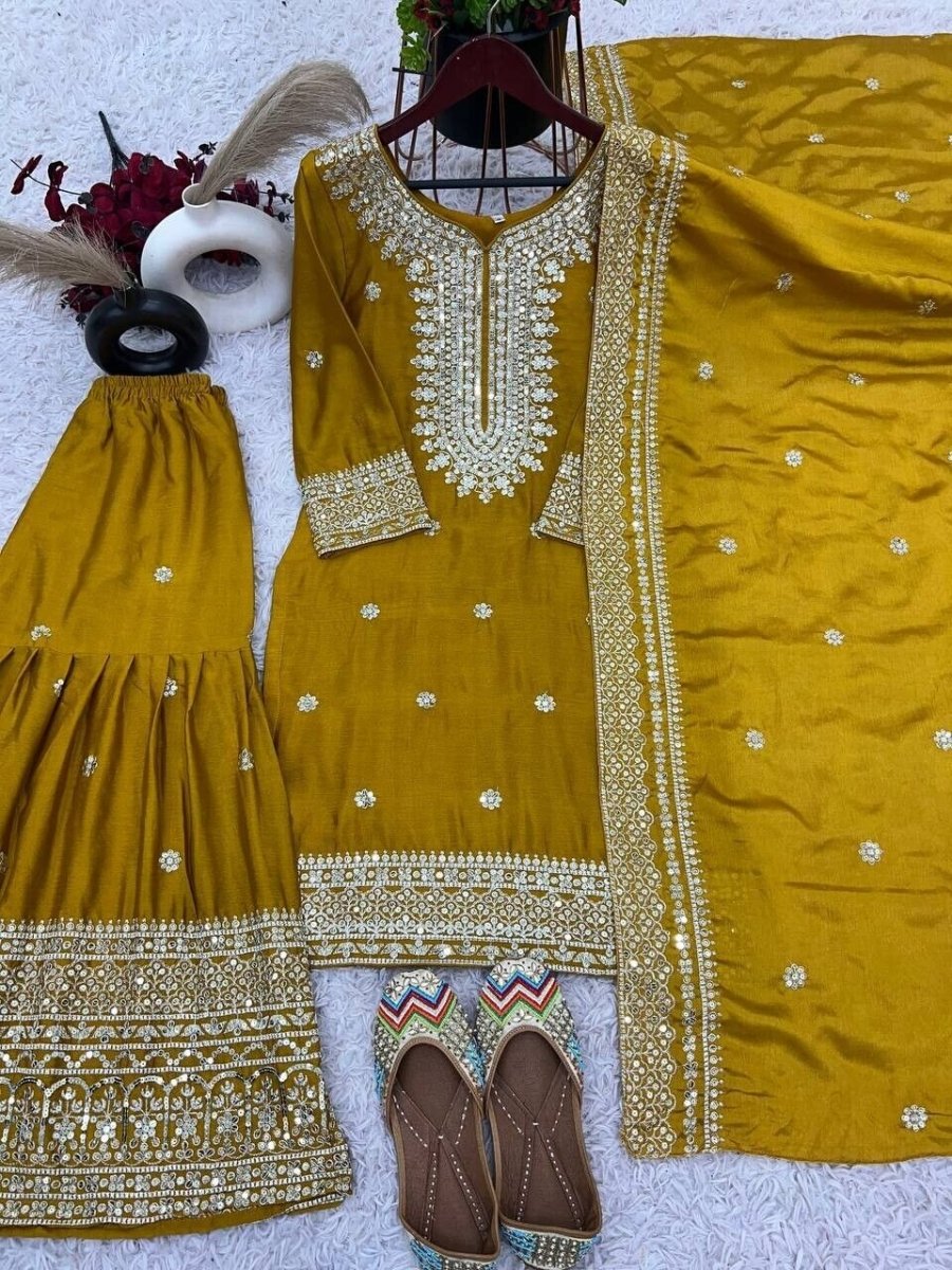 Chinnon Silk Punjabi Sharara Palazzo Salwar Kameez Set with Lace Border Dupatta - 001FASHIONFORWARD
