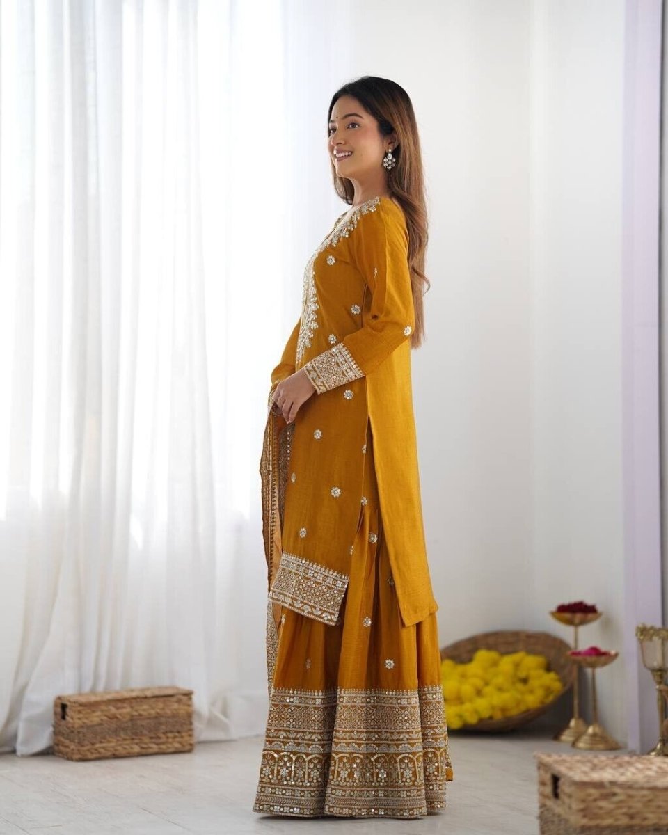 Chinnon Silk Punjabi Sharara Palazzo Salwar Kameez Set with Lace Border Dupatta - 001FASHIONFORWARD