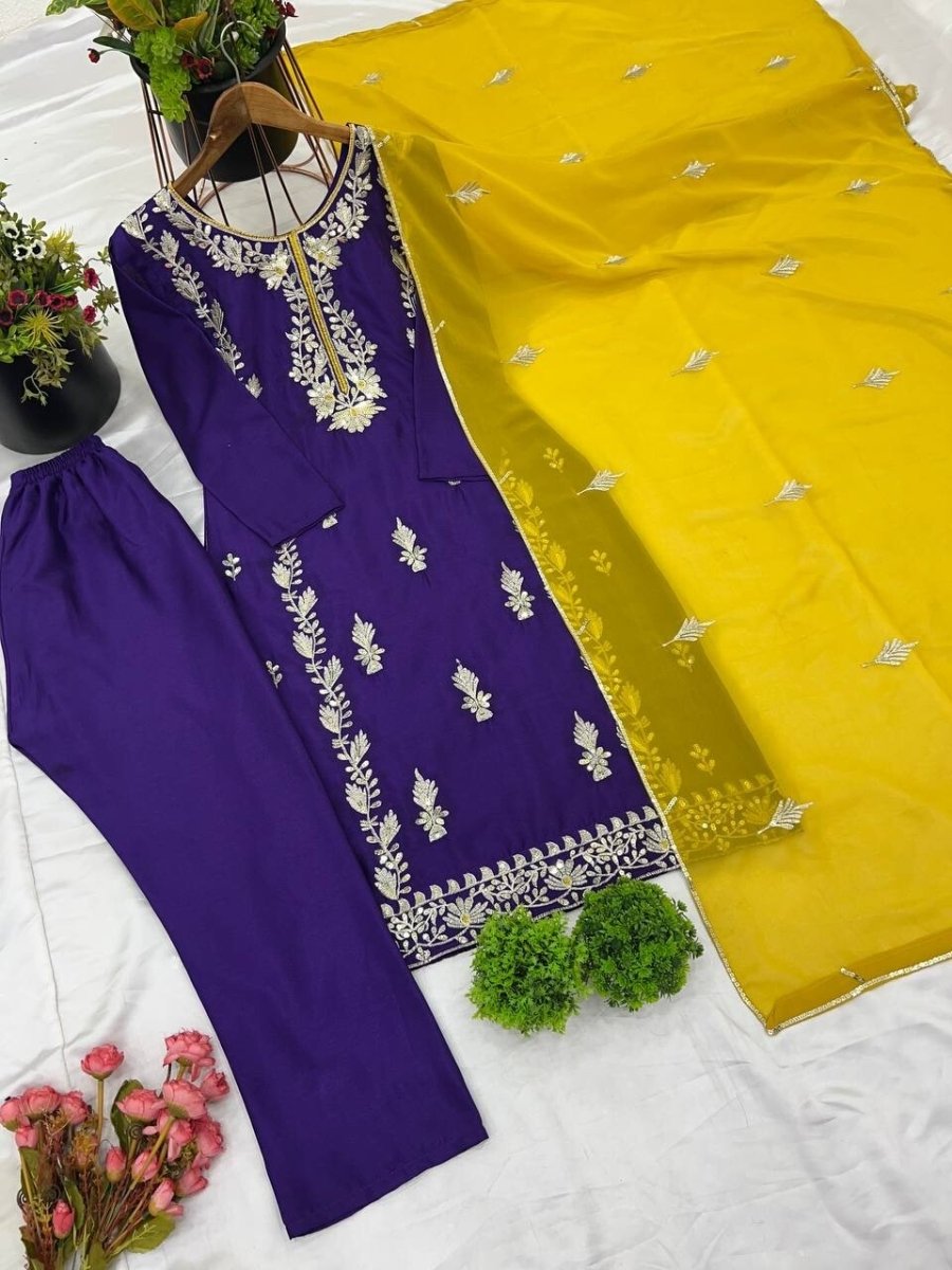Chinnon Silk Salwar Kameez Pakistani Dress Ready To Wear Suits Indian Embroided - 001FASHIONFORWARD