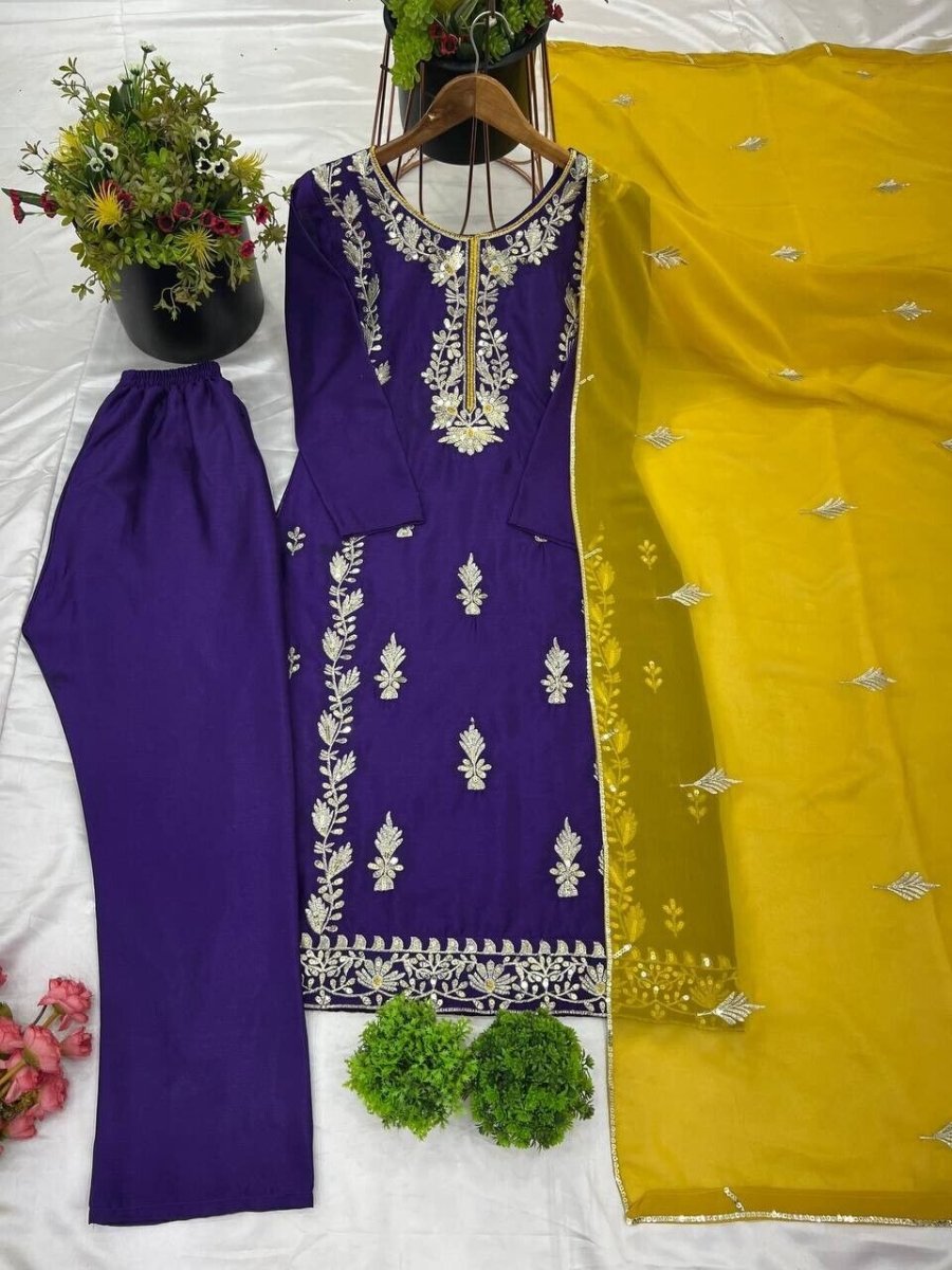 Chinnon Silk Salwar Kameez Pakistani Dress Ready To Wear Suits Indian Embroided - 001FASHIONFORWARD