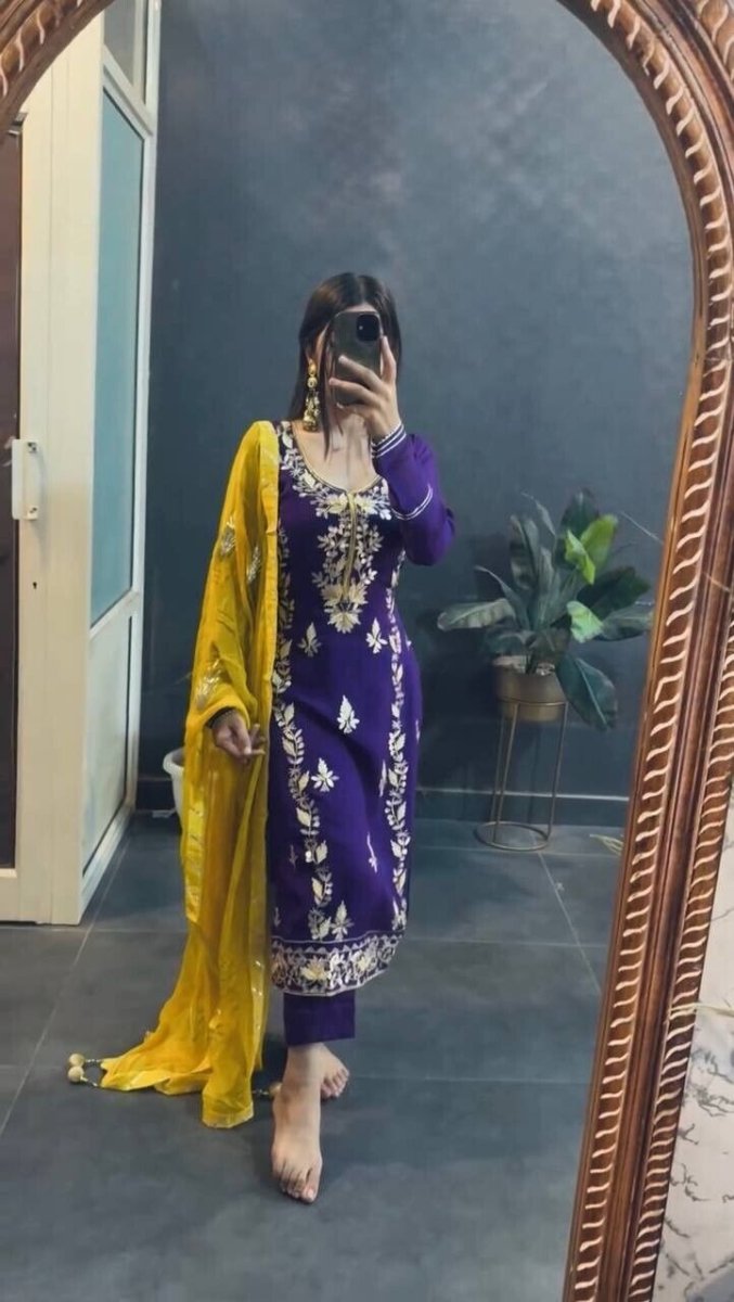 Chinnon Silk Salwar Kameez Pakistani Dress Ready To Wear Suits Indian Embroided - 001FASHIONFORWARD