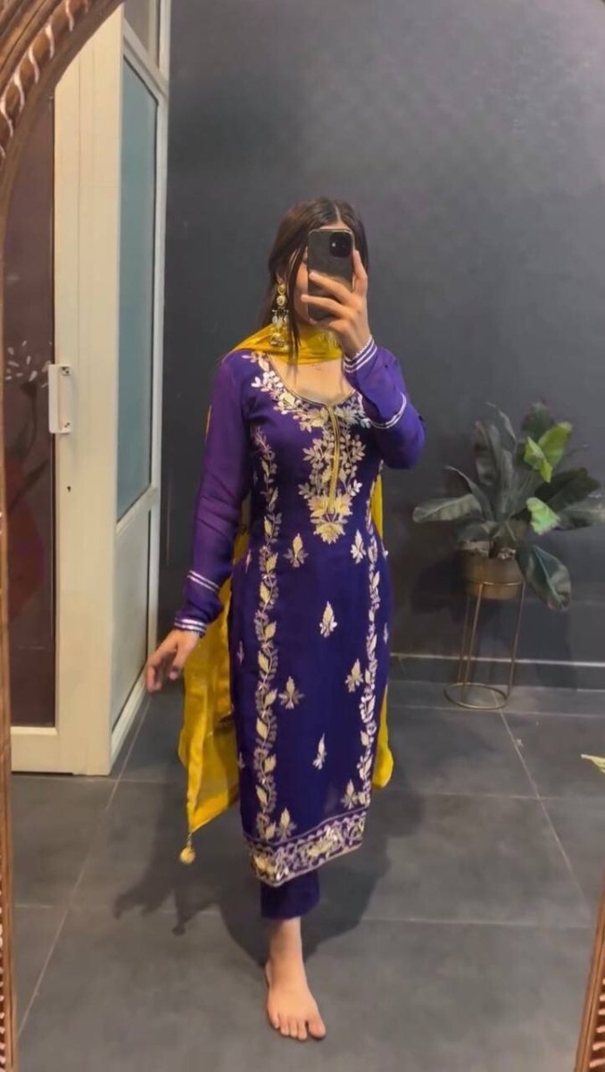 Chinnon Silk Salwar Kameez Pakistani Dress Ready To Wear Suits Indian Embroided - 001FASHIONFORWARD