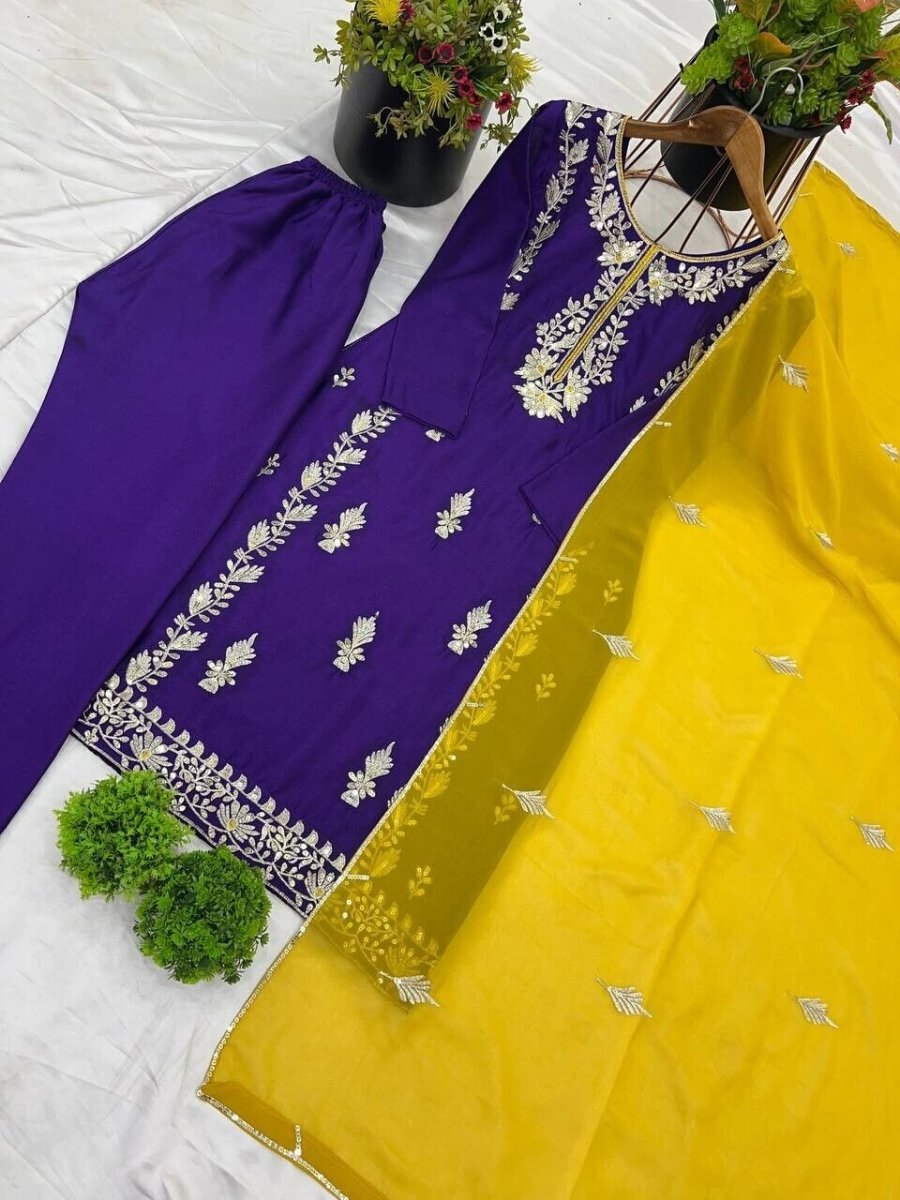 Chinnon Silk Salwar Kameez Pakistani Dress Ready To Wear Suits Indian Embroided - 001FASHIONFORWARD
