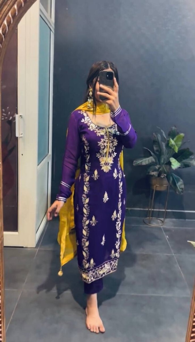 Chinnon Silk Salwar Kameez Pakistani Dress Ready To Wear Suits Indian Embroided - 001FASHIONFORWARD