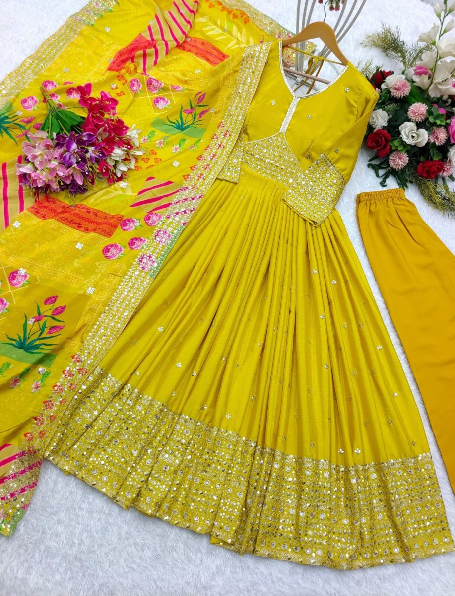 Chinon Silk Anarkali Gown Salwar Kameez Set with Printed Dupatta Full length - 001FASHIONFORWARD