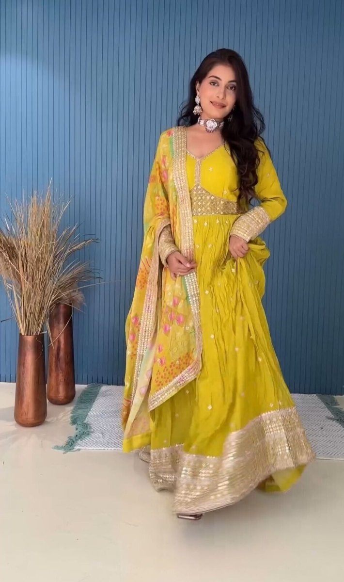 Chinon Silk Anarkali Gown Salwar Kameez Set with Printed Dupatta Full length - 001FASHIONFORWARD
