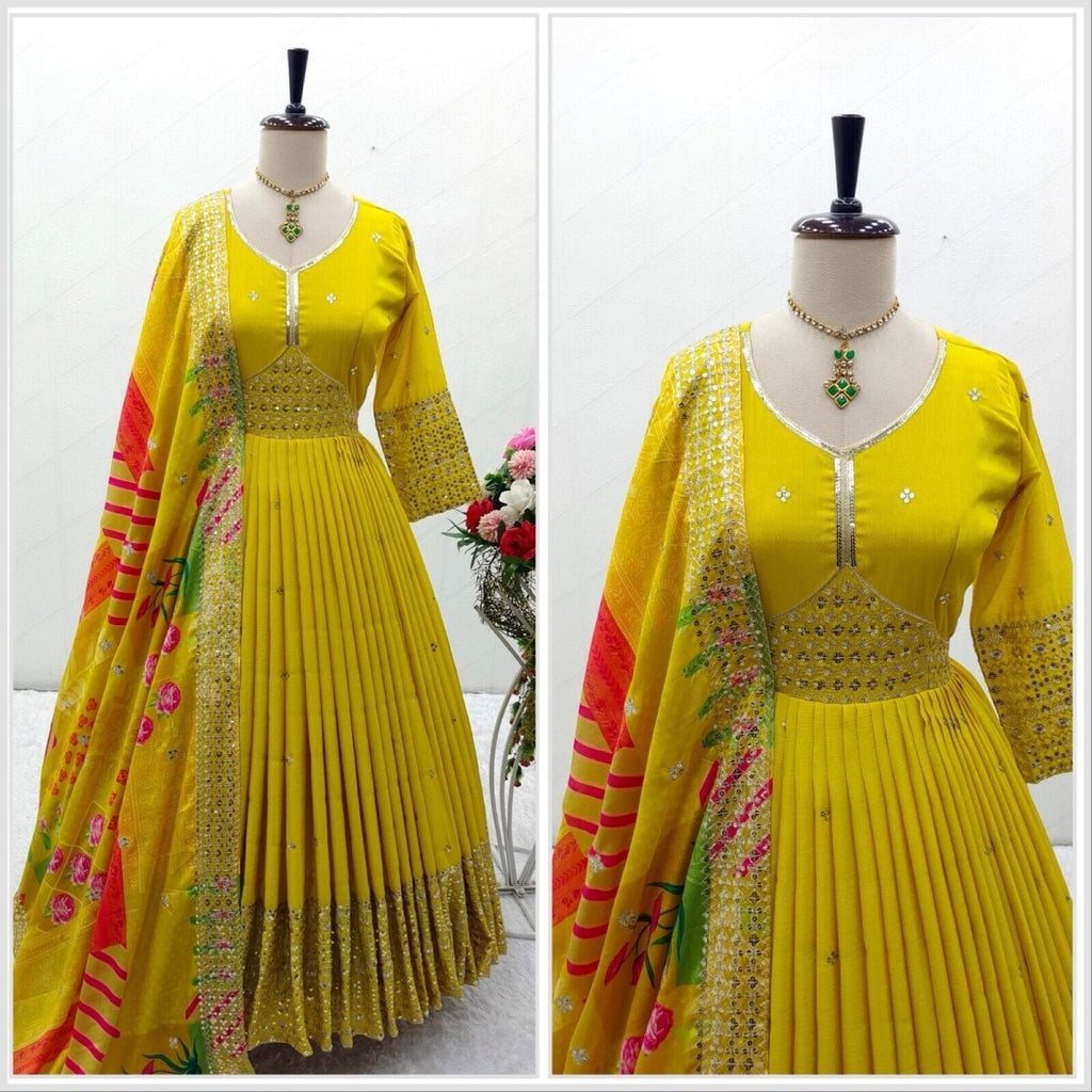 Chinon Silk Anarkali Gown Salwar Kameez Set with Printed Dupatta Full length - 001FASHIONFORWARD