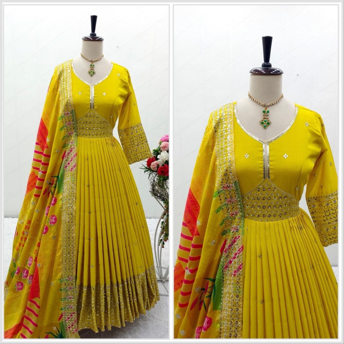 Chinon Silk Anarkali Gown Salwar Kameez Set with Printed Dupatta Full length - 001FASHIONFORWARD