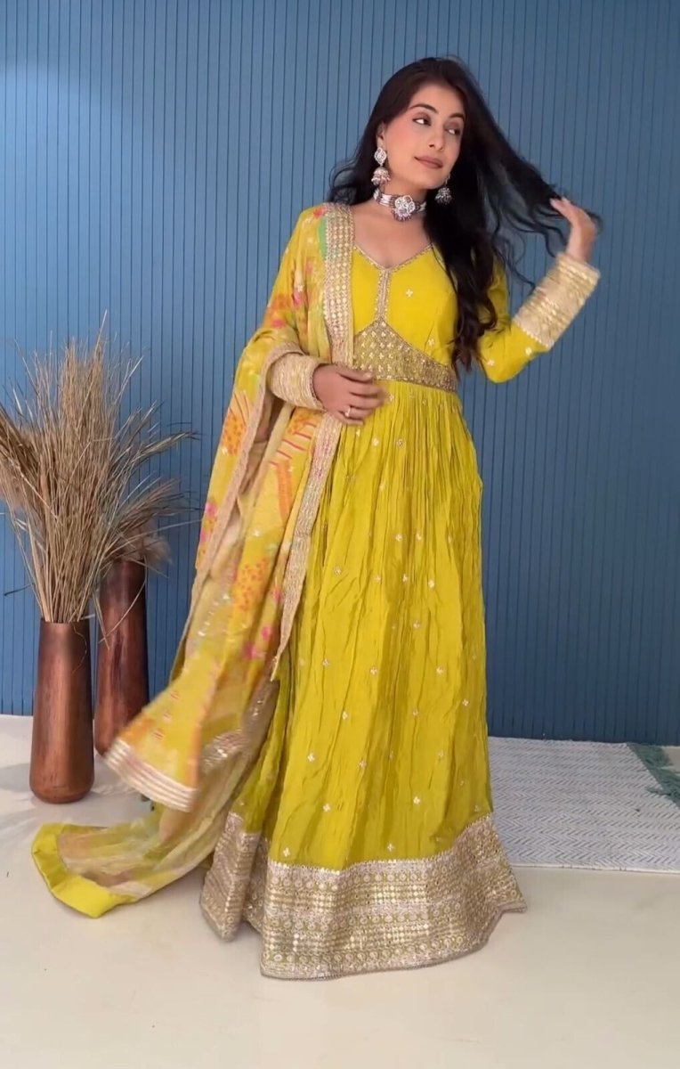 Chinon Silk Anarkali Gown Salwar Kameez Set with Printed Dupatta Full length - 001FASHIONFORWARD