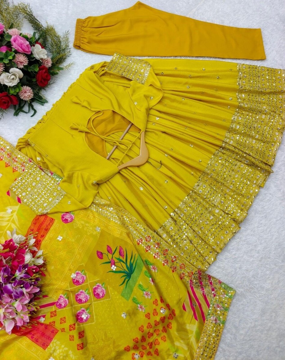 Chinon Silk Anarkali Gown Salwar Kameez Set with Printed Dupatta Full length - 001FASHIONFORWARD