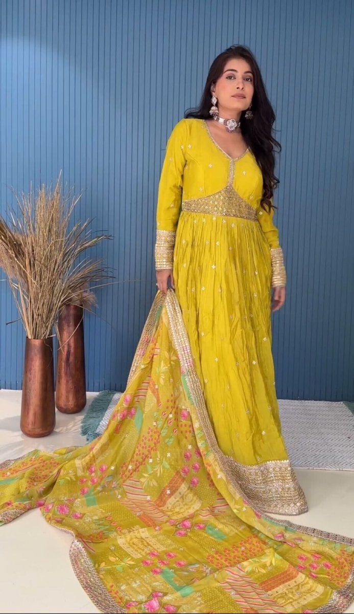 Chinon Silk Anarkali Gown Salwar Kameez Set with Printed Dupatta Full length - 001FASHIONFORWARD