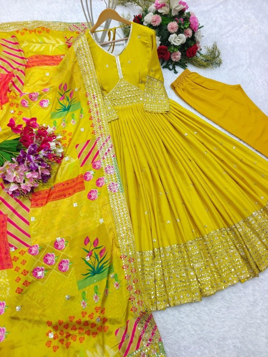 Chinon Silk Anarkali Gown Salwar Kameez Set with Printed Dupatta Full length - 001FASHIONFORWARD