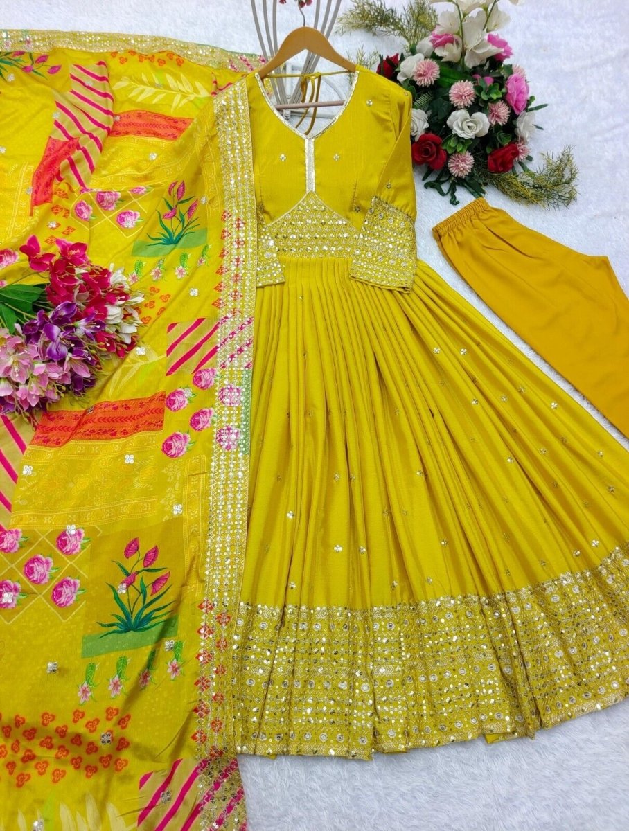 Chinon Silk Anarkali Gown Salwar Kameez Set with Printed Dupatta Full length - 001FASHIONFORWARD