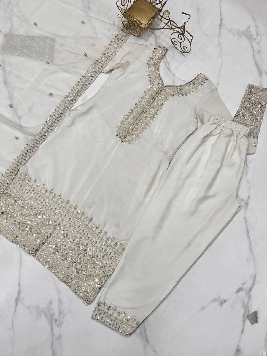 Chinon silk Designer Pakistani Salwar Kameez Set Wedding & Party Wear White - 001FASHIONFORWARD