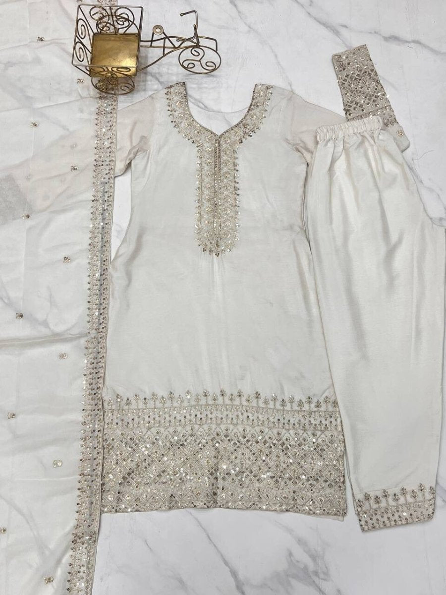 Chinon silk Designer Pakistani Salwar Kameez Set Wedding & Party Wear White - 001FASHIONFORWARD