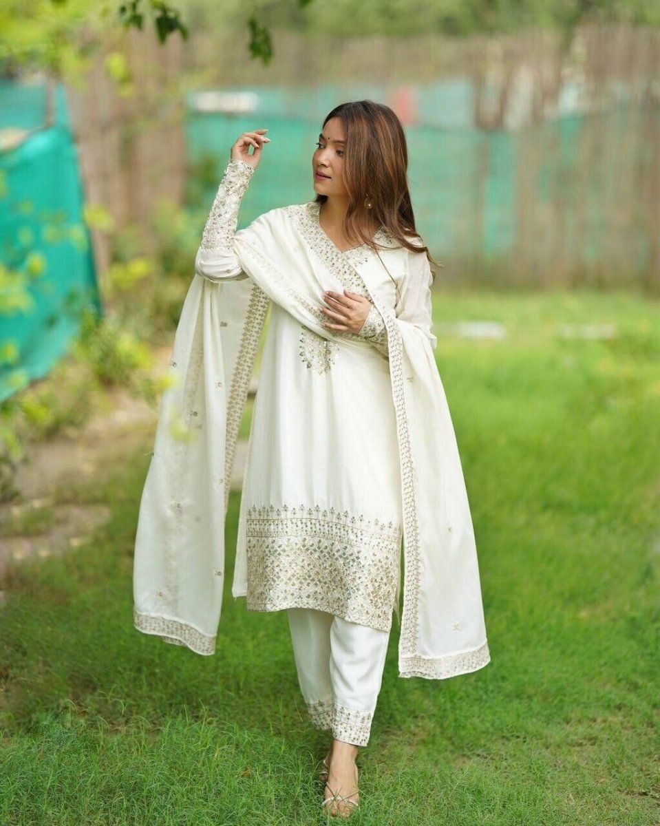Chinon silk Designer Pakistani Salwar Kameez Set Wedding & Party Wear White - 001FASHIONFORWARD