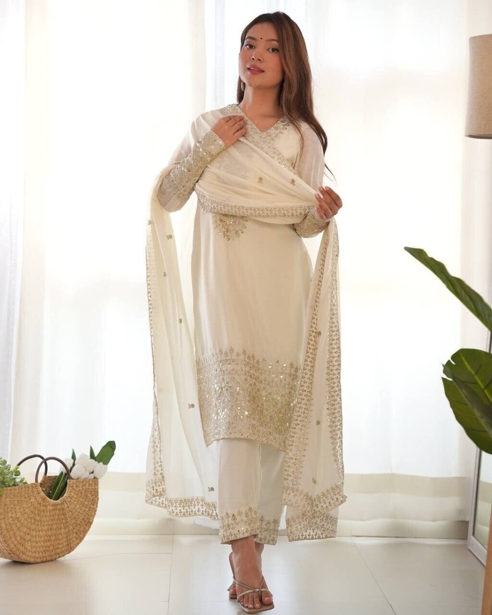 Chinon silk Designer Pakistani Salwar Kameez Set Wedding & Party Wear White - 001FASHIONFORWARD