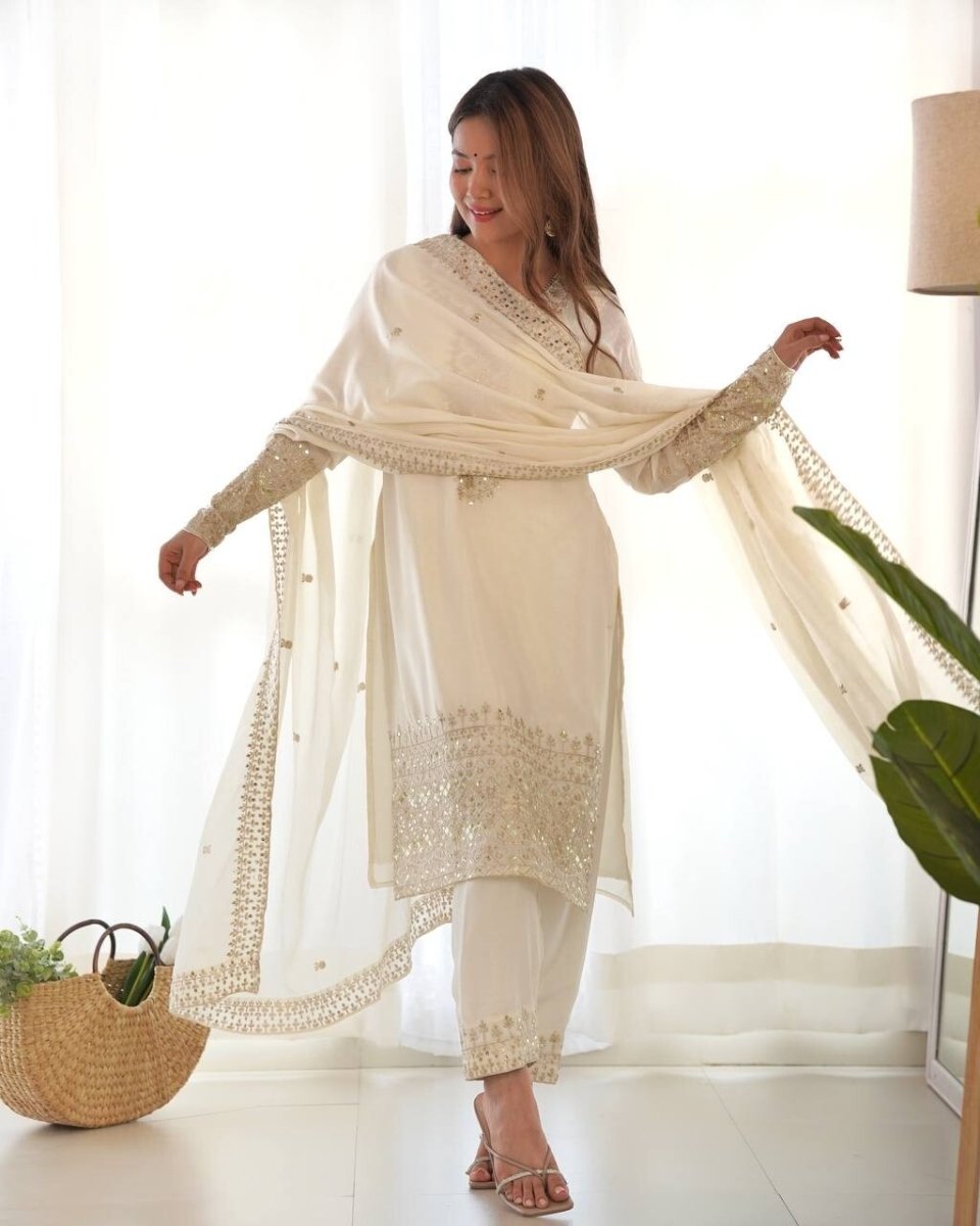 Chinon silk Designer Pakistani Salwar Kameez Set Wedding & Party Wear White - 001FASHIONFORWARD