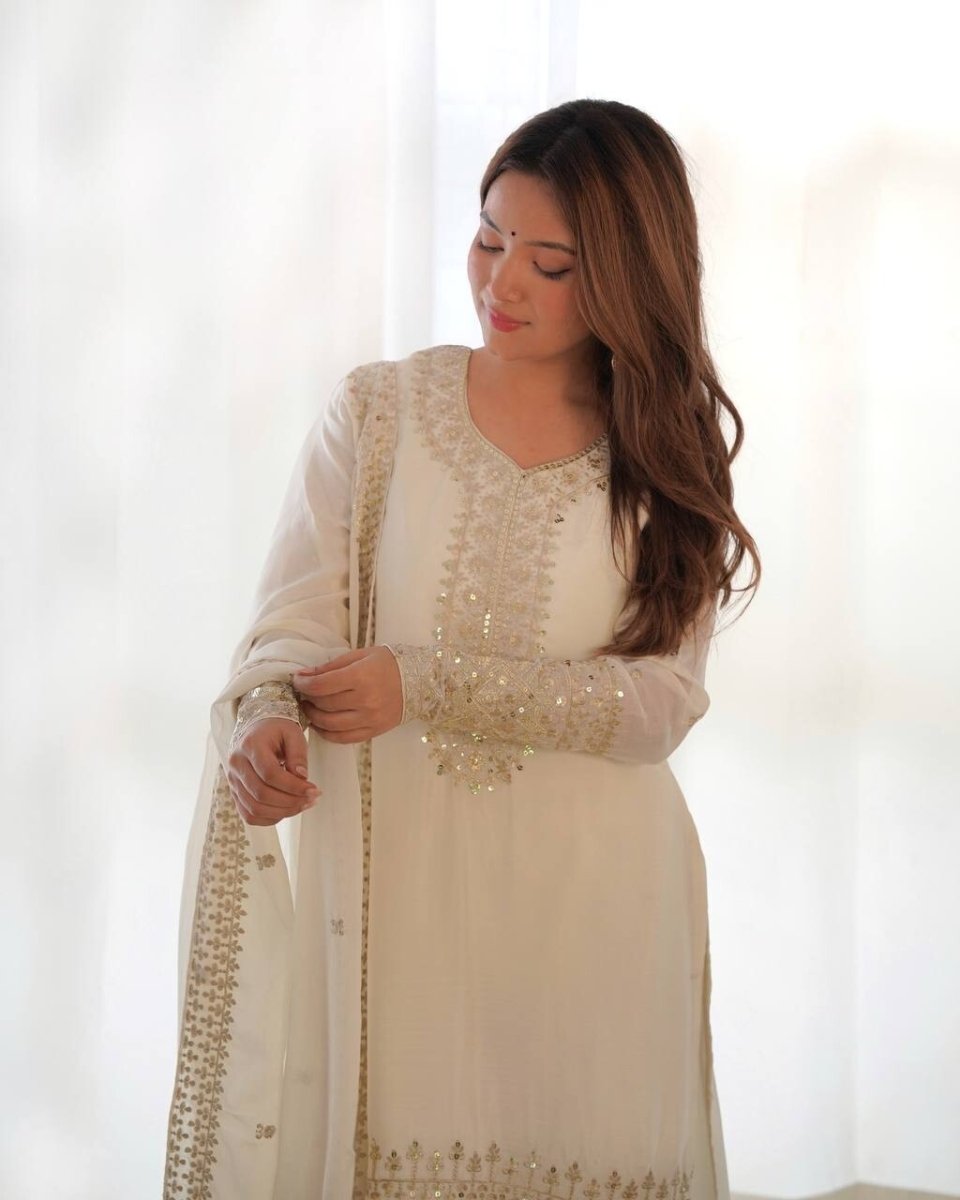 Chinon silk Designer Pakistani Salwar Kameez Set Wedding & Party Wear White - 001FASHIONFORWARD