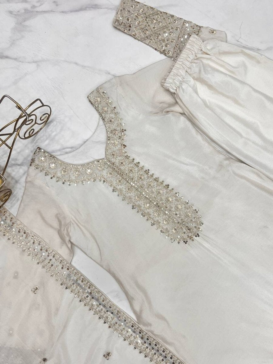 Chinon silk Designer Pakistani Salwar Kameez Set Wedding & Party Wear White - 001FASHIONFORWARD