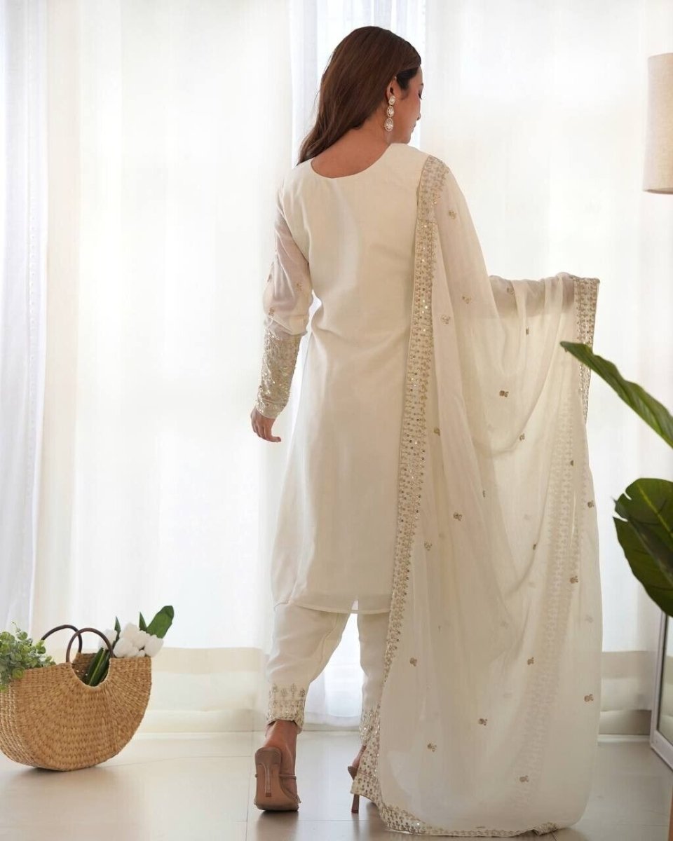 Chinon silk Designer Pakistani Salwar Kameez Set Wedding & Party Wear White - 001FASHIONFORWARD