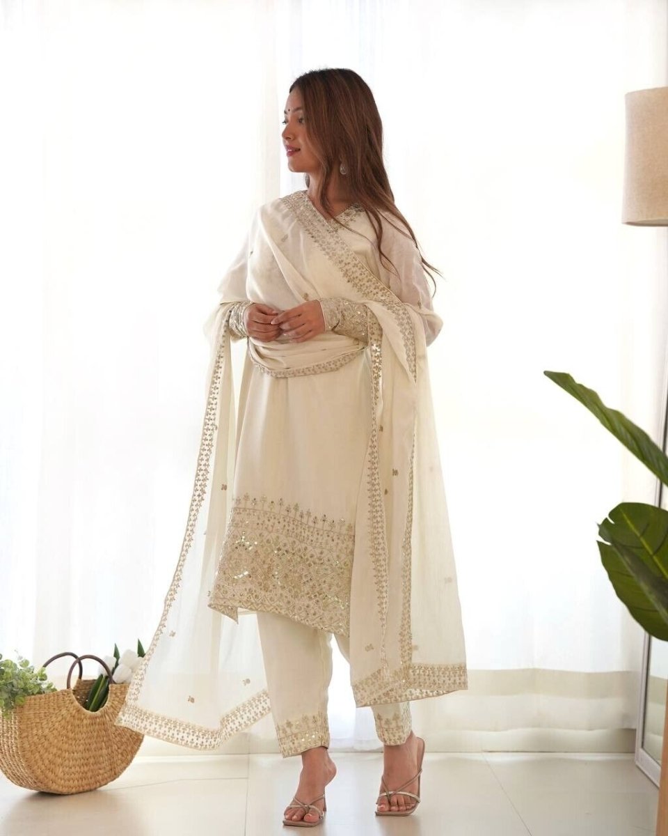 Chinon silk Designer Pakistani Salwar Kameez Set Wedding & Party Wear White - 001FASHIONFORWARD